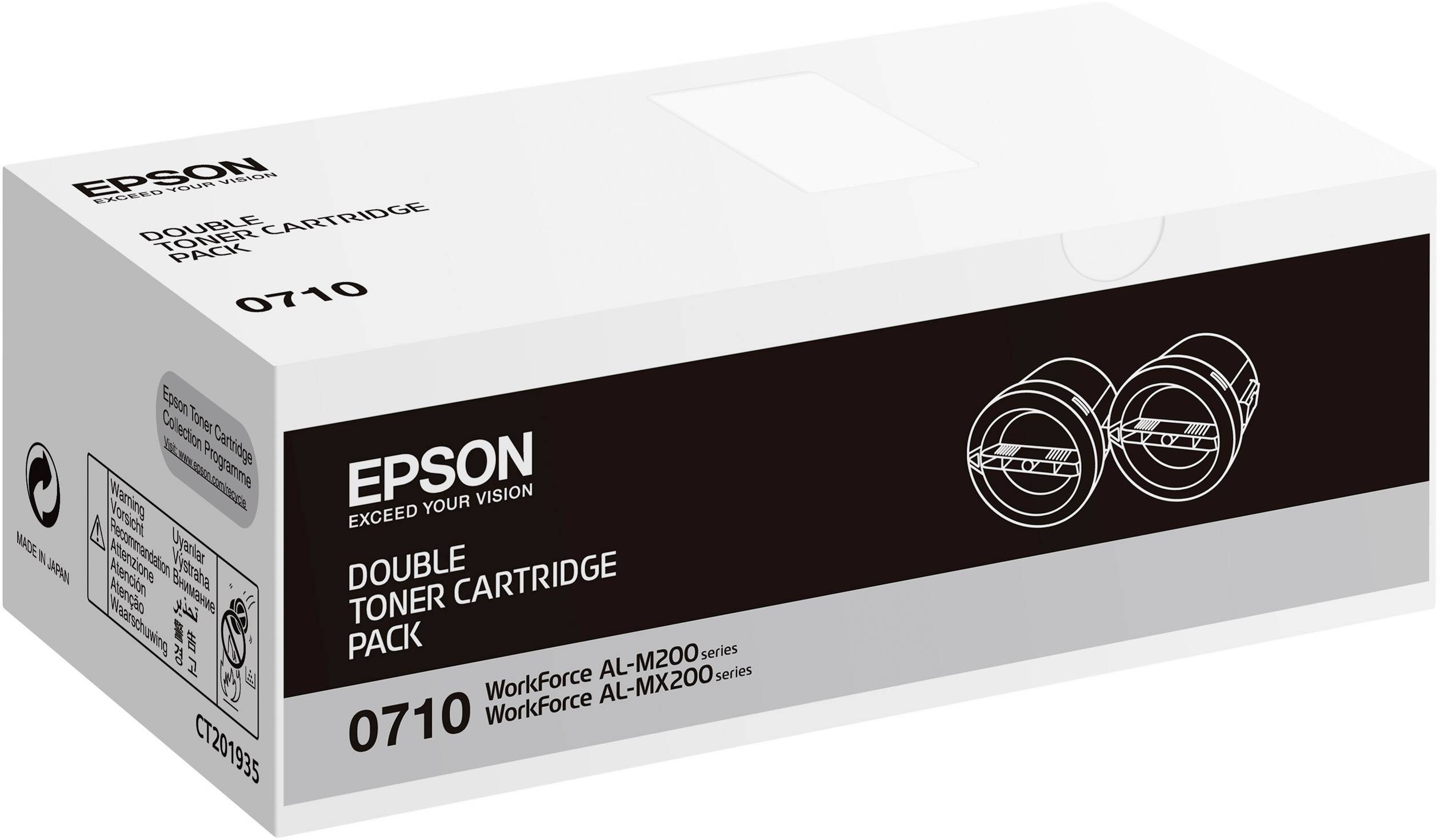 'Epson Doppel-Tonerkartusche Pack 0710, kompatibel mit Workforce AL-M200 und AL-MX200 Serien, in weißer Verpackungsbox.'