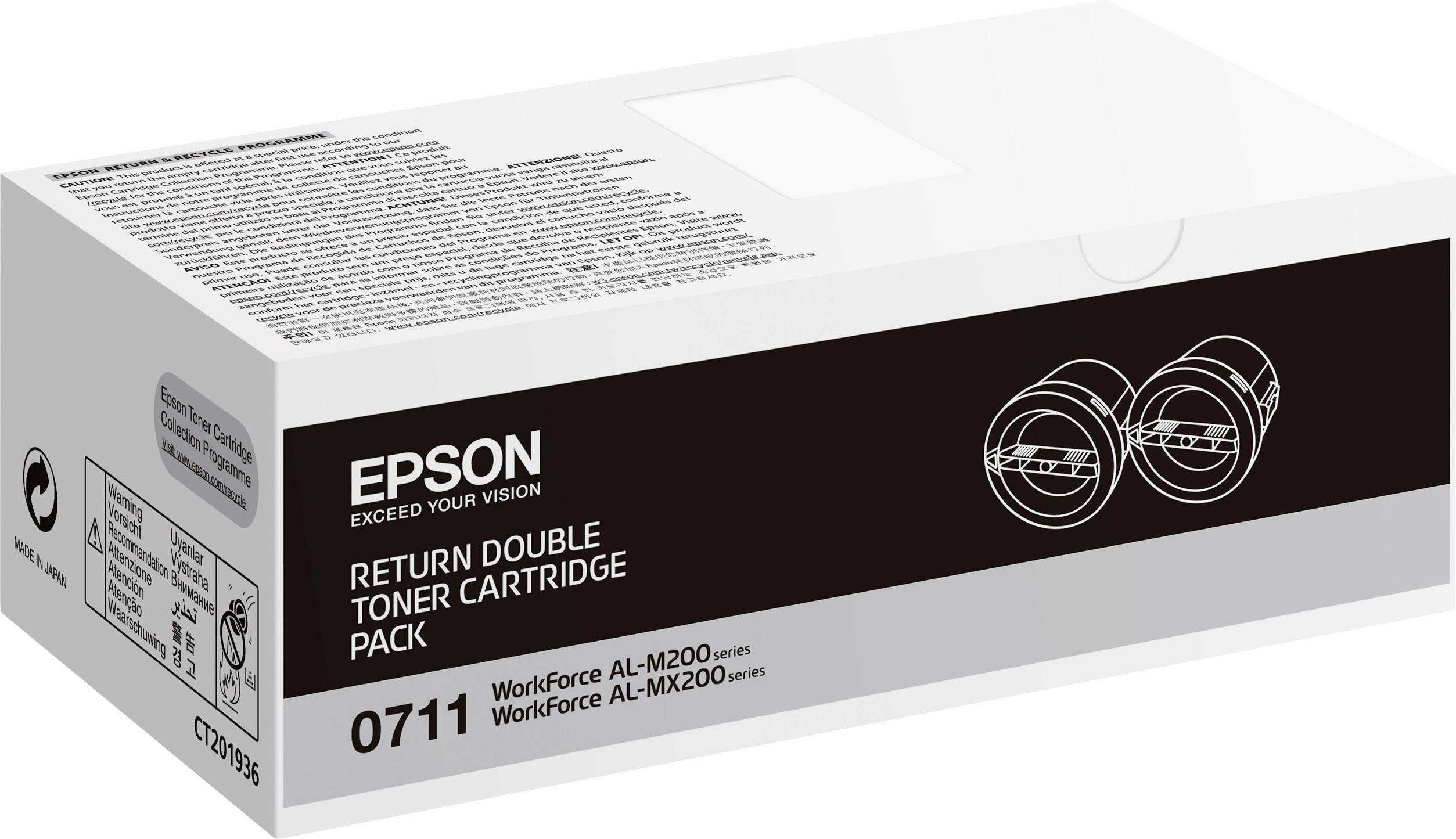 Kartonschachtel mit der Aufschrift 'Epson Return Double Toner Cartridge Pack 0711', enthält Tonerkartuschen für Epson Workforce AL-M200 Serie.