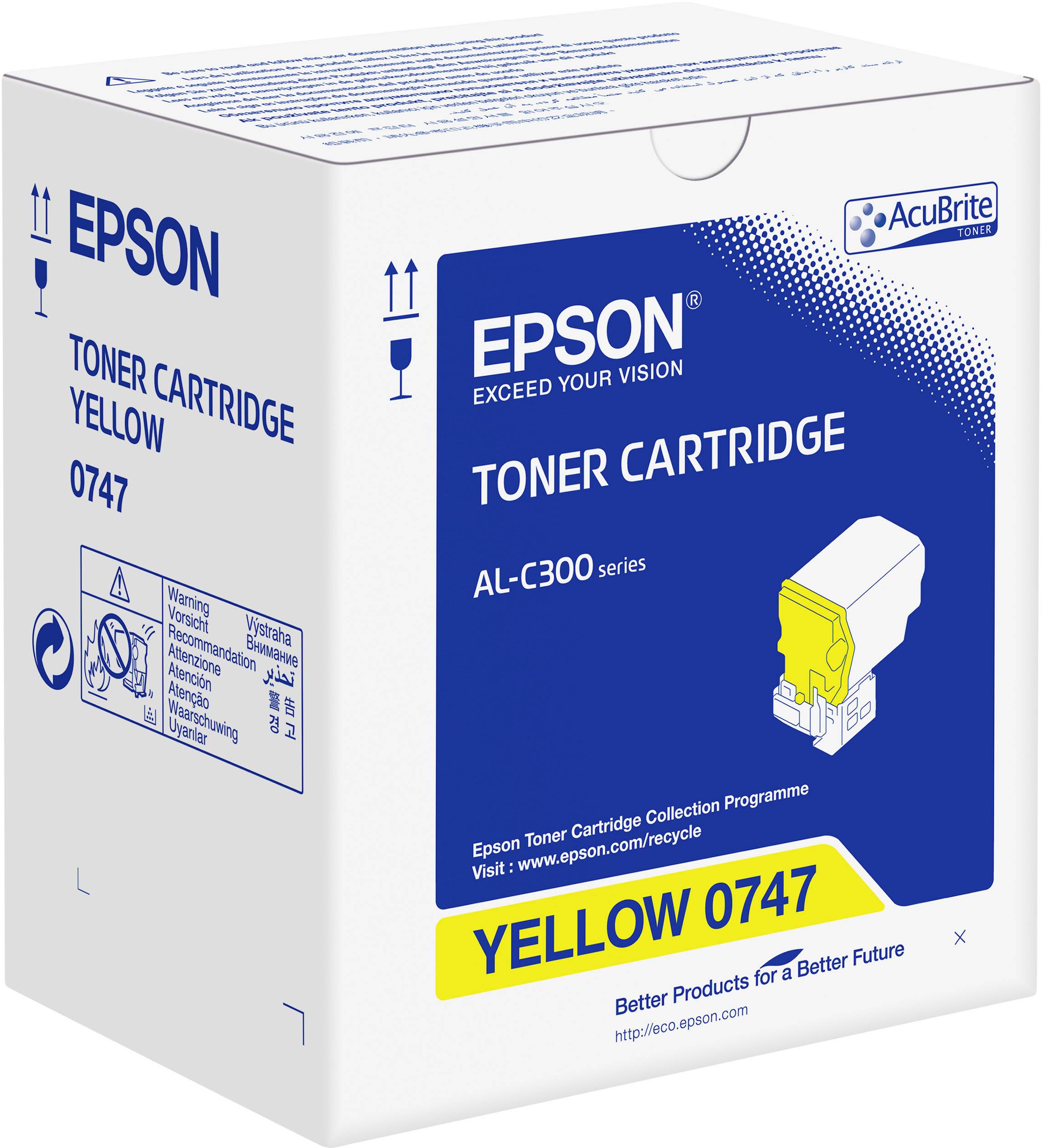 'Weiße Epson-Tonerkartusche-Packung für Gelb, Modell 0747, Serie AL-C300, mit Produktlogo und Recyclinghinweis.'