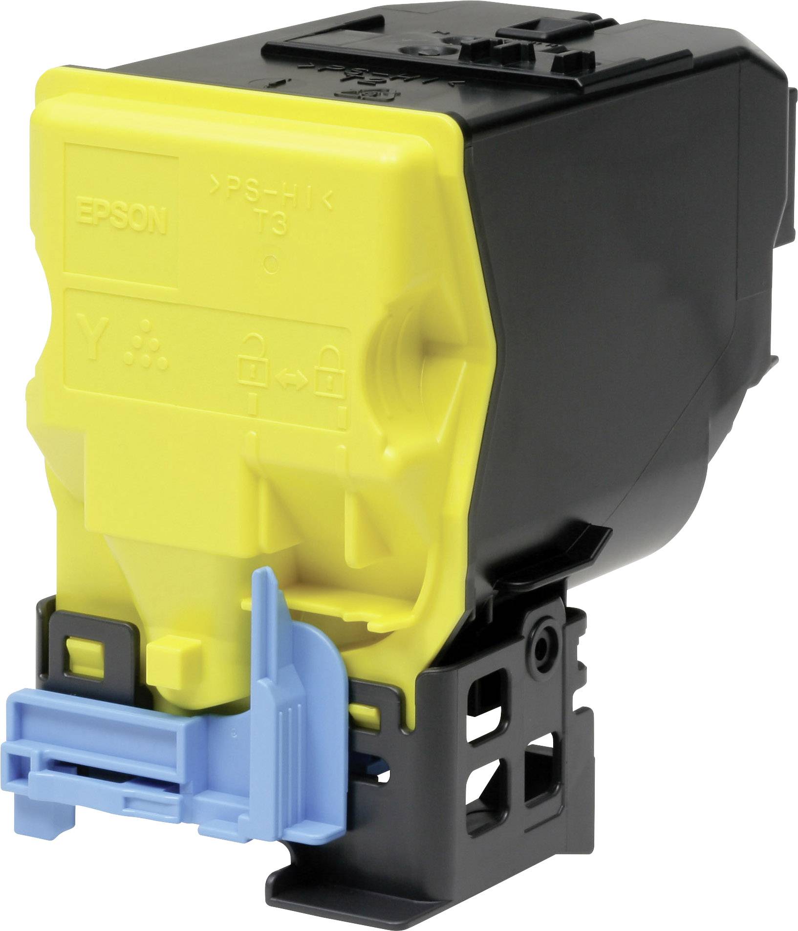 Gelber Epson-Drucker-Toner in schwarzer Kartusche, geeignet für spezifische Druckermodelle, zeigt Detail des Einbaumechanismus.