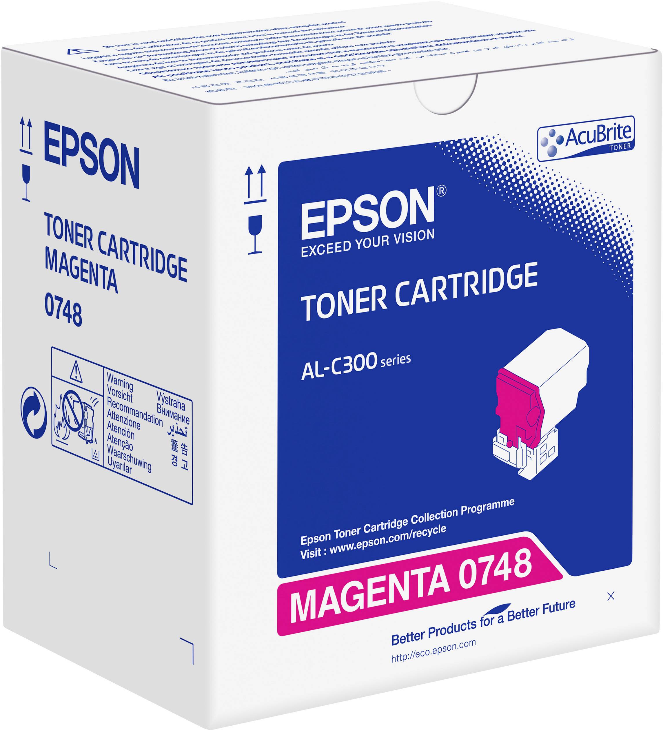Epson Tonerkartusche in Magenta, Modellnummer 0748, für AL-C300 Serie, Verpackung mit Produktinformationen und Warnhinweisen.