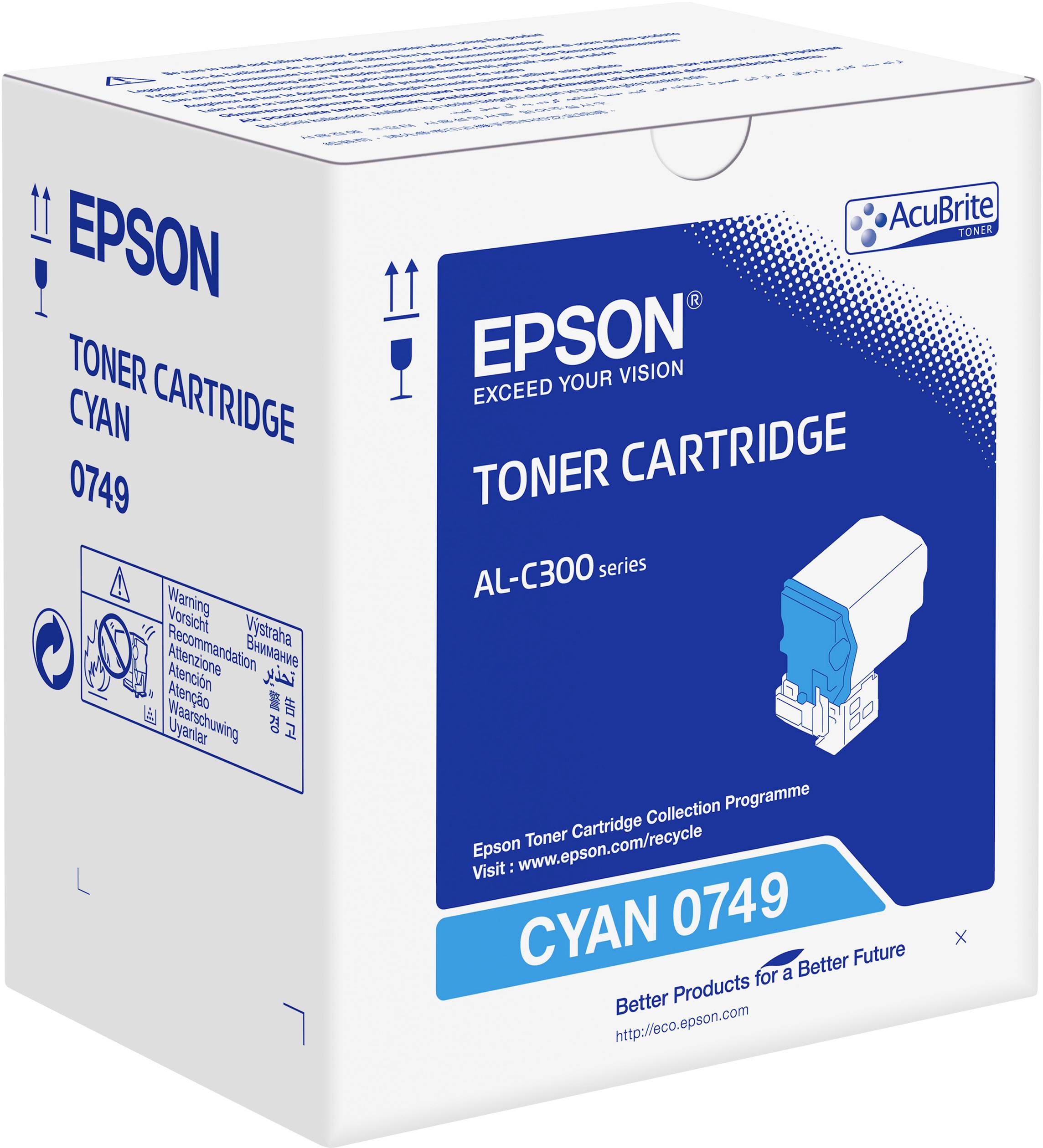 Epson-Tonerkartusche 'Cyan 0749' für AL-C300 Serie, Verpackung mit blauem Design und Recyclinghinweis.