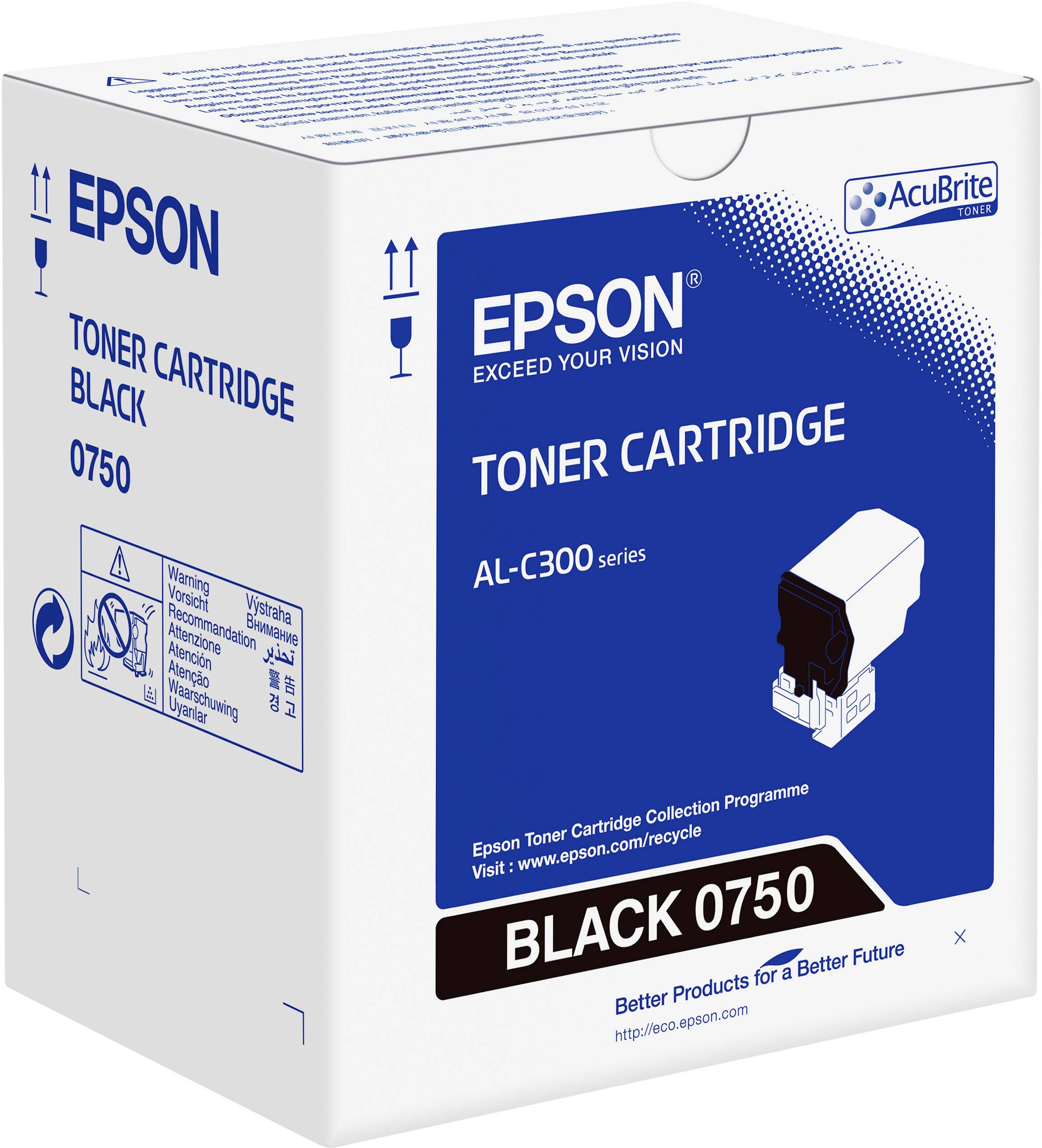 Eine Epson Tonerkartusche AL-C300 Series in Schwarz, Modellnummer 0750, wird dargestellt. Die Verpackung ist weiß und blau.