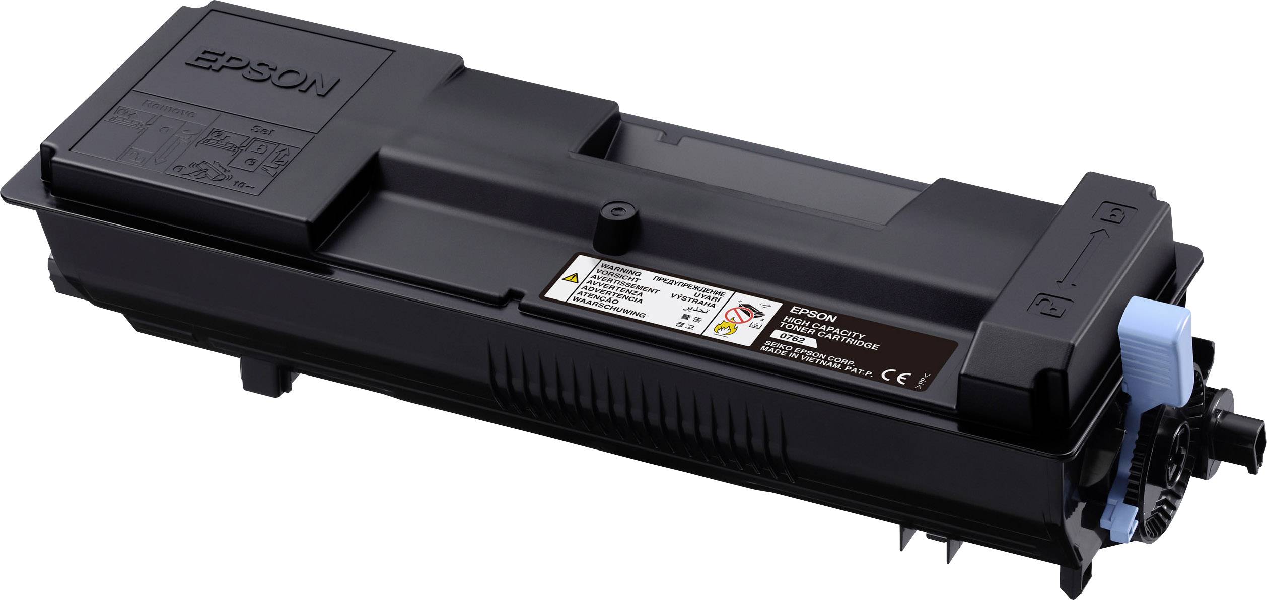 Schwarze Tonerkartusche für Epson-Drucker, Modellnummer M2300D. Enthält Warnhinweise und Symbole auf dem Etikett.