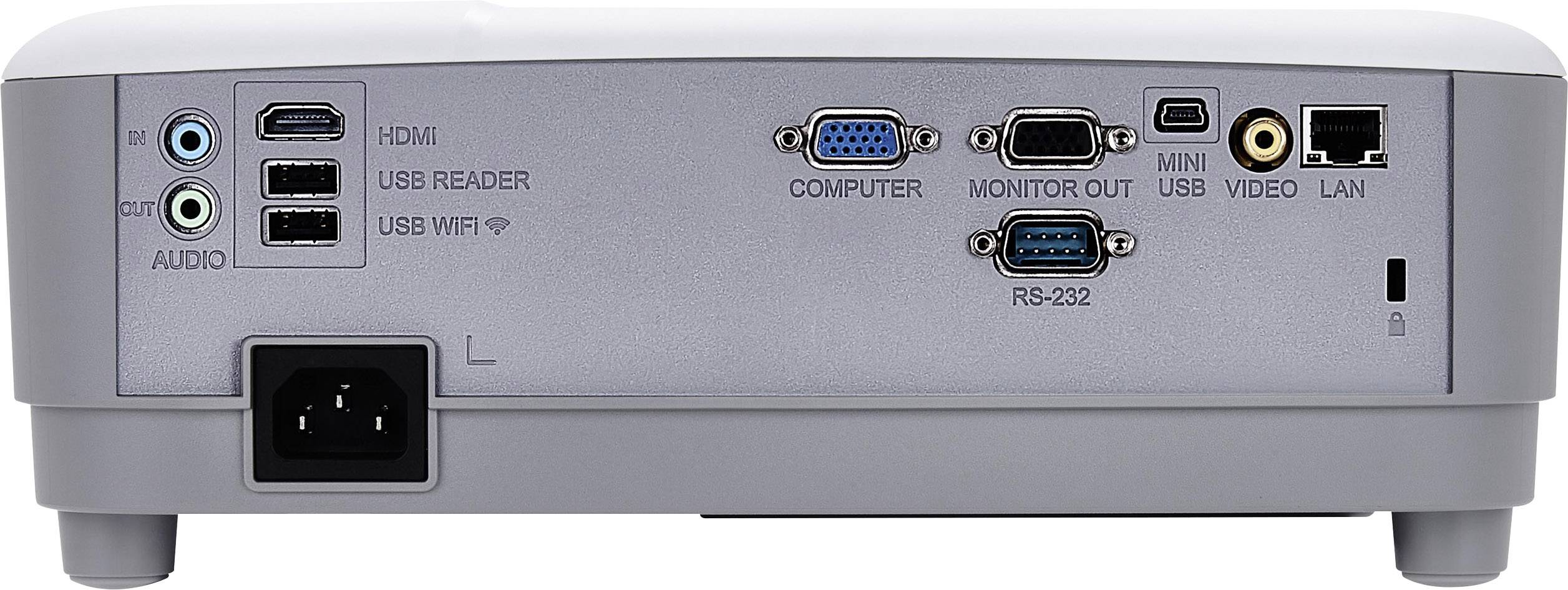 Rückseite eines Projektors mit verschiedenen Anschlüssen: HDMI, USB, VGA, Audio, LAN, RS-232 und Mini USB. Alle Anschlüsse sind klar beschriftet.