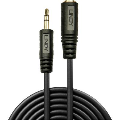Ein schwarzes Audiokabel mit zwei Anschlüssen, beide mit der Aufschrift 'Lindy'. Links ein 3,5-mm-Stecker, rechts eine Buchse.