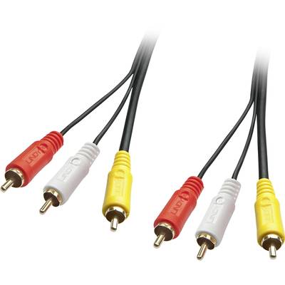 Drei farbige RCA-Steckerkabel in Rot, Weiß und Gelb, die für Audio- und Videoverbindungen verwendet werden.
