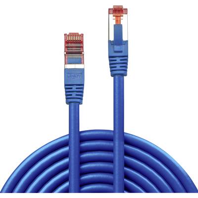 Ein blaues Ethernet-Kabel mit zwei Steckern; einer ist transparent-rot, der andere transparent-orange.
