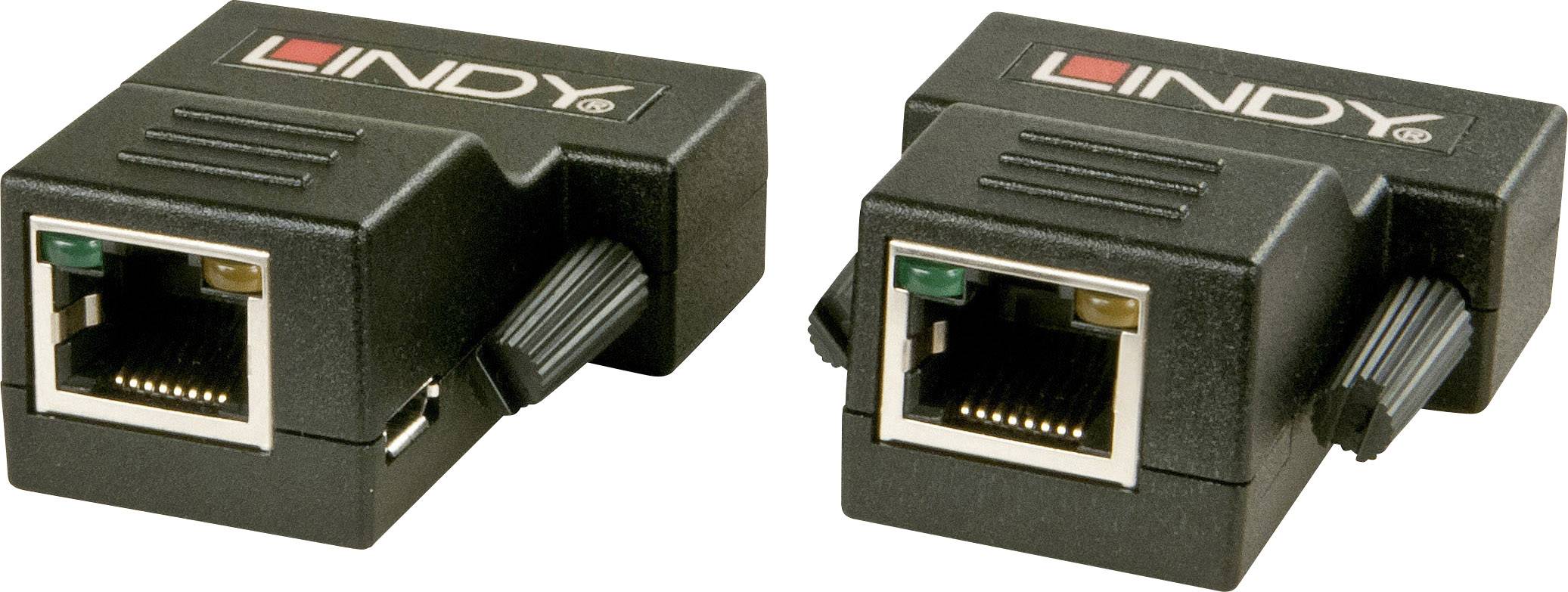 Zwei schwarze Ethernet-Kabeladapter von Lindy mit RJ45-Anschlüssen.