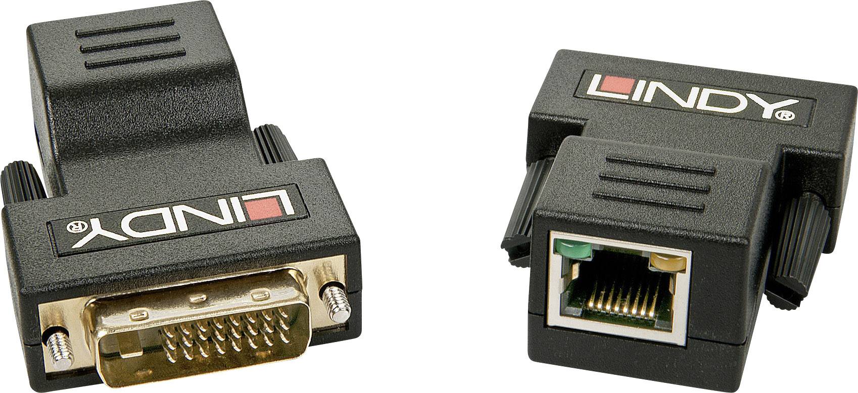 Adapter mit DVI- und Ethernet-Anschlüssen. Beide Adapter zeigen unterschiedliche Seiten: einer den DVI- und der andere den Ethernet-Anschluss.