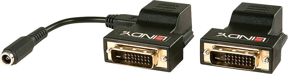 Zwei schwarze DVI-Steckverbinder mit einem kurzen Adapterkabel, geeignet zum Anschluss von Videogeräten für Bildsignale.
