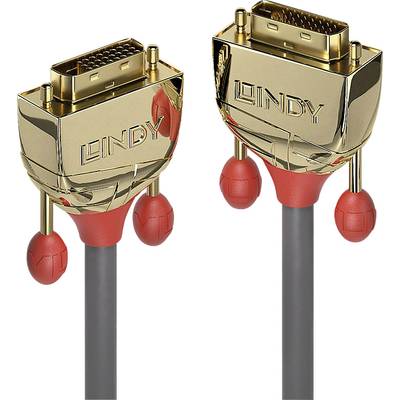 Zwei goldfarbene DVI-Kabel mit roten Anschlussstücken, markiert mit 'LINDY'.