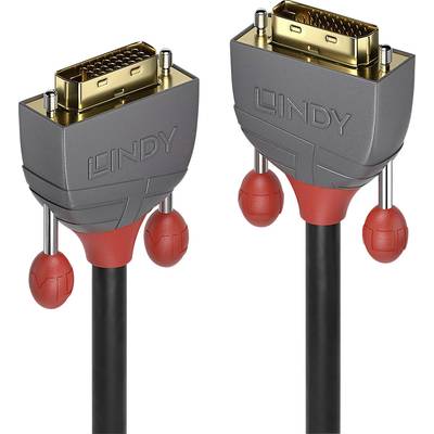 Zwei DVI-Kabelstecker mit grauem Gehäuse und roten Details. Markenlogo 'Lindy' auf jedem Stecker. Geeignet für Videoverbindungen.