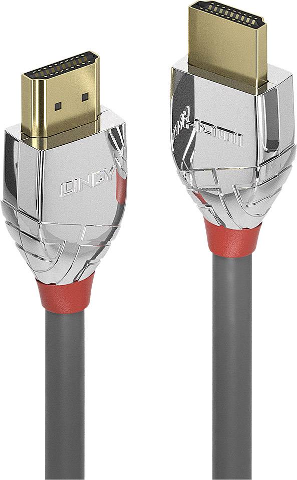 Zwei silberne HDMI-Kabelstecker mit rotem Akzent und schwarzem Kabel, für hochauflösende Audio- und Videoübertragung geeignet.