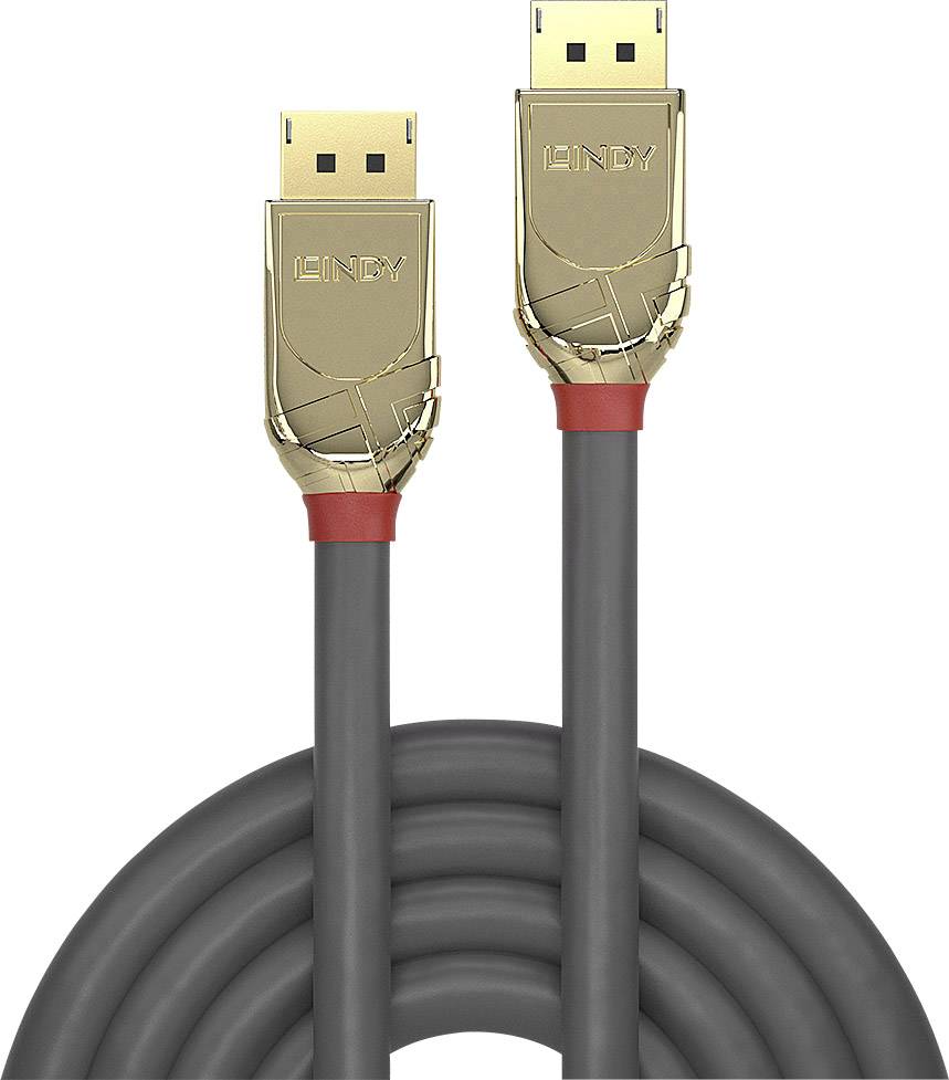 Zwei DisplayPort-Kabel mit vergoldeten Steckern und schwarzer Ummantelung. Die Marke 'Lindy' ist auf den Steckern abgebildet.