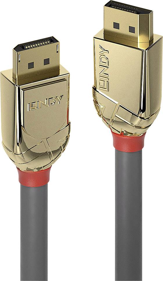Zwei goldene DisplayPort-Kabel mit roten Akzenten, geeignet für hochauflösende Video- und Audioverbindungen in Computern und Monitoren.