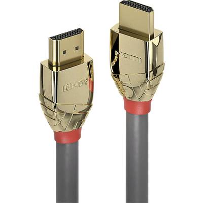 Zwei vergoldete HDMI-Stecker mit roten Verbindungsstücken an einem grauen Kabel, steht für hochwertige Video- und Audioübertragung.