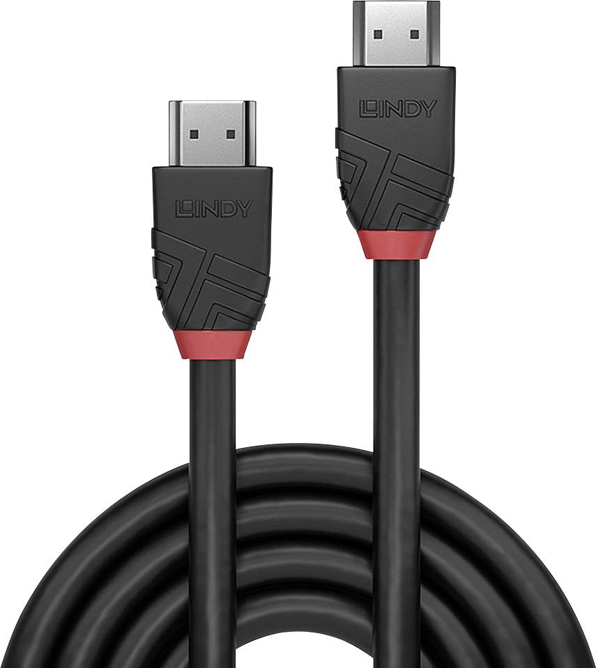 Ein schwarzes HDMI-Kabel mit zwei Steckern, die 'LINDY' beschriftet sind, umgeben von roten Ringen. Es ist für audiovisuelle Verbindungen geeignet.