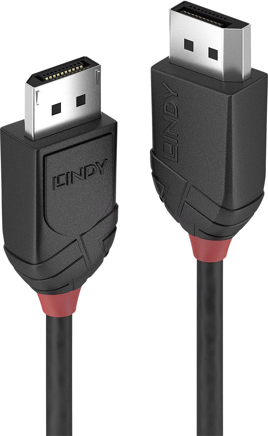 Zwei schwarze DisplayPort-Kabel mit roten Akzenten und der Aufschrift 'LINDY' auf den Steckern.