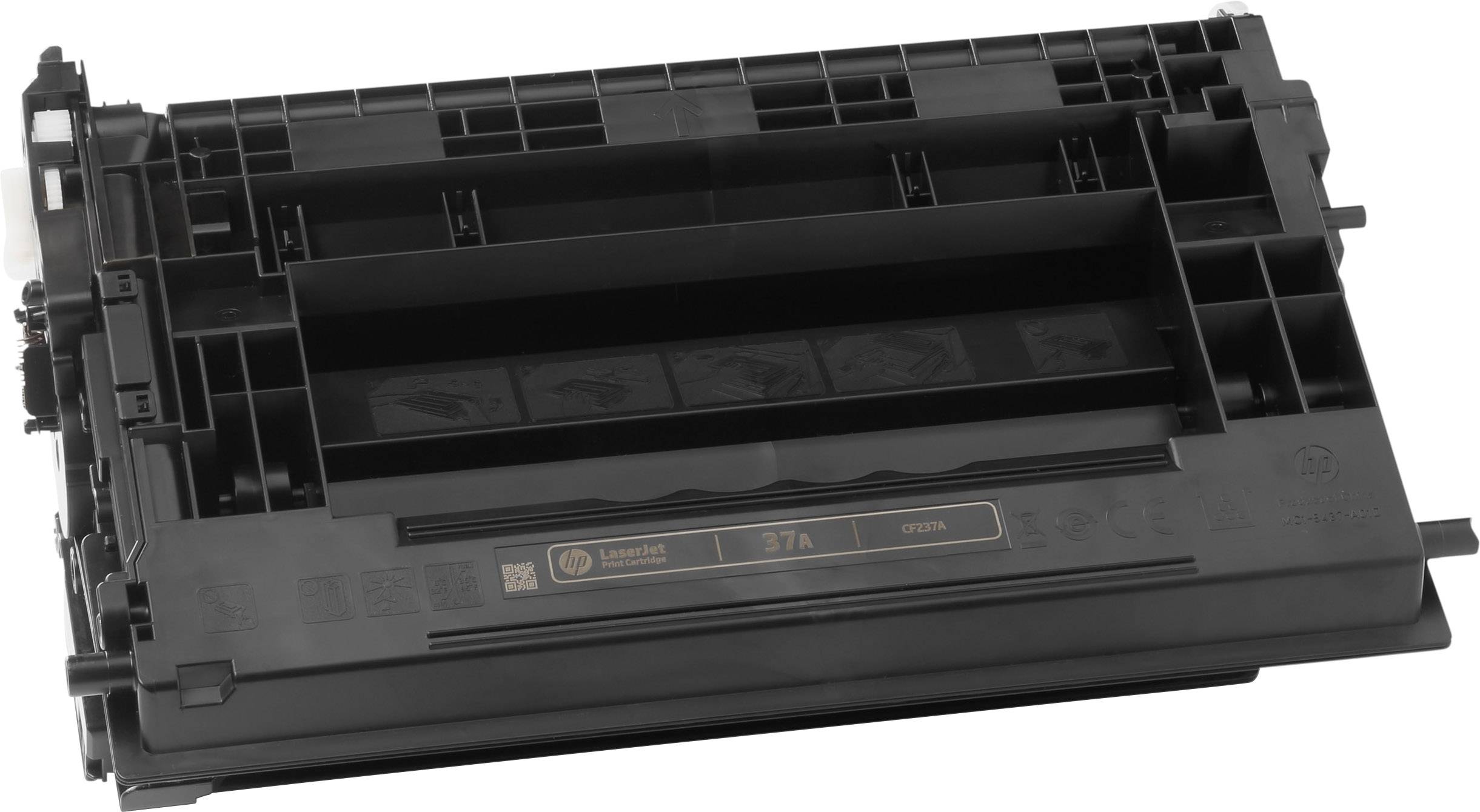 Eine schwarze Tonerkartusche, Modell 'HP 37A', liegt auf einer weißen Oberfläche. Sie wird für Laserdrucker verwendet.