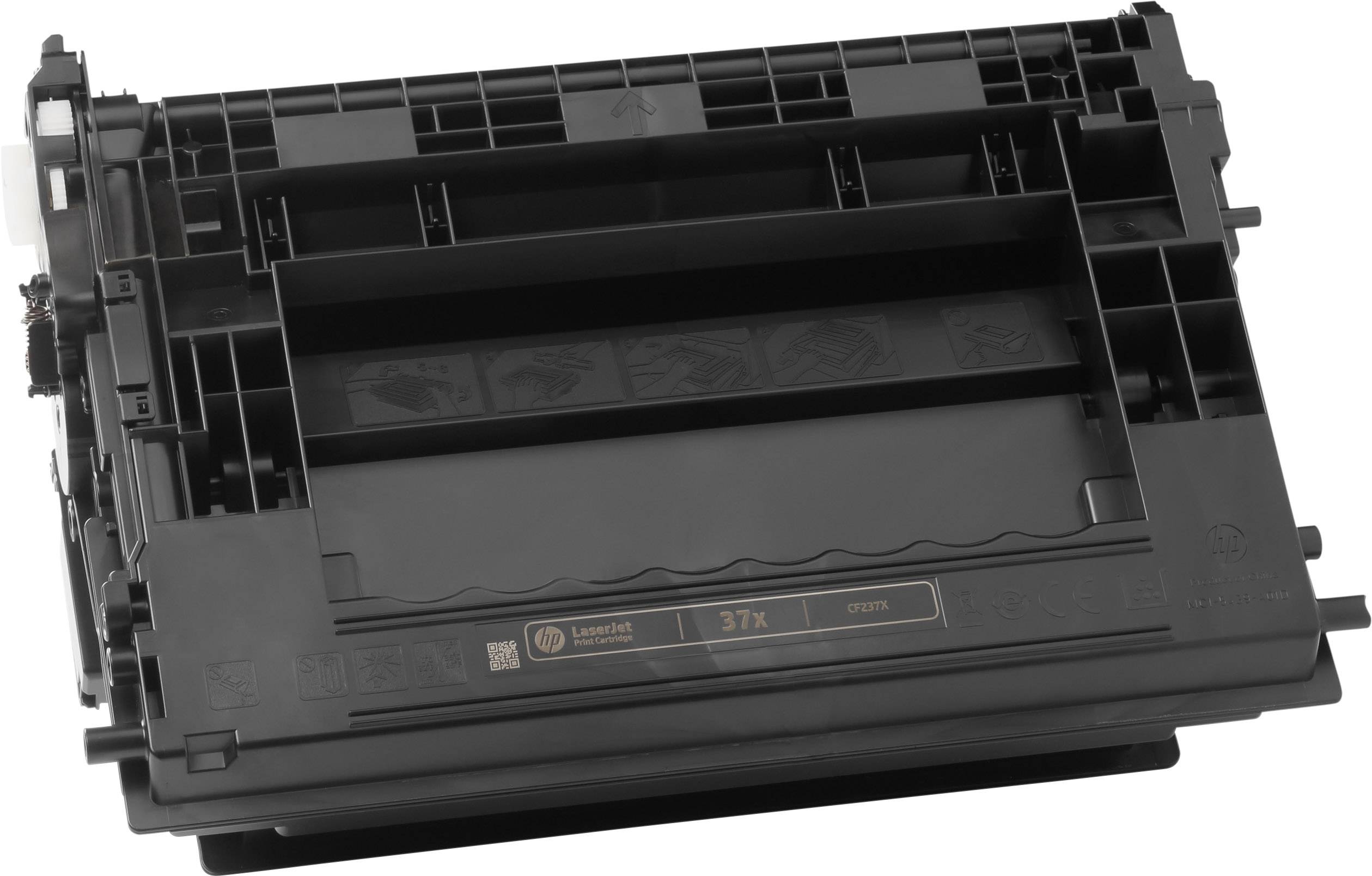 Eine schwarze Drucker-Tonerkartusche mit der Aufschrift 'LaserJet 37X'. Sie ist für HP-Drucker geeignet und zeigt technische Details.