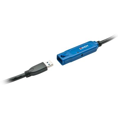 Ein blaues USB-Verlängerungskabel von Lindy mit einem USB-Stecker auf der linken Seite und einer blau ummantelten Buchse rechts.