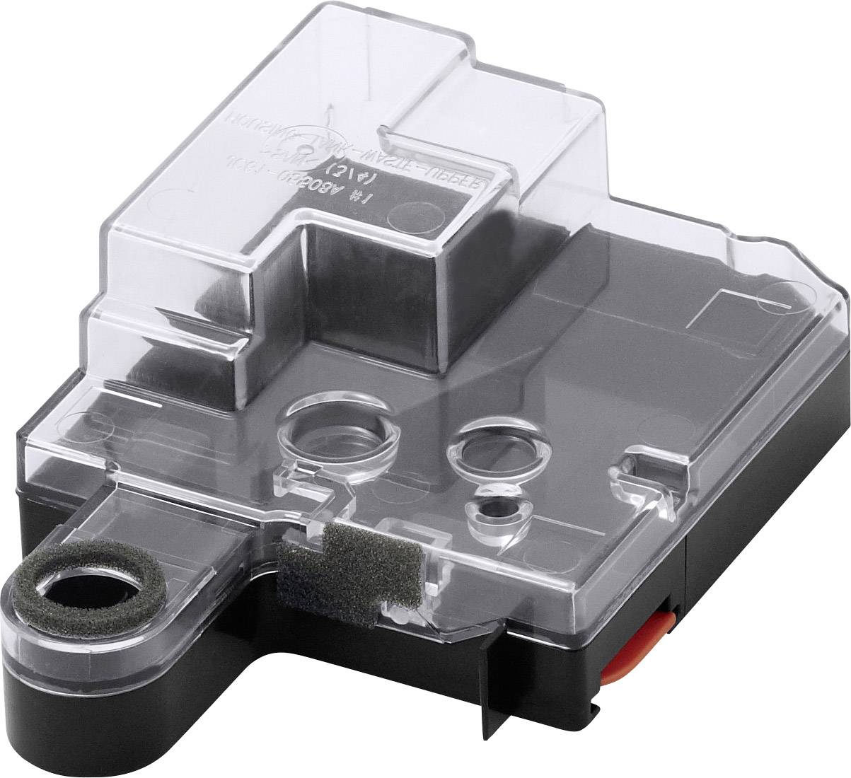 Ein rechteckiges, durchsichtiges Kunststoffgehäuse mit mehreren Öffnungen und einer schwarzen Basis, möglicherweise ein elektrisches Bauteil.