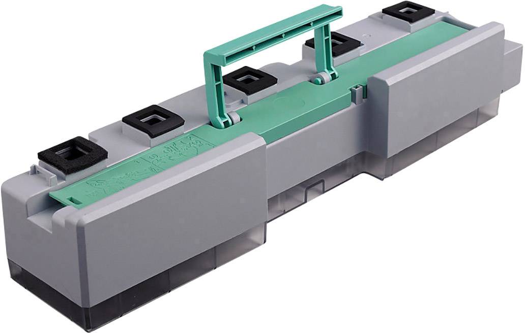 Ein länglicher, grauer Werkzeugkoffer mit grünem Griff, geeignet zum Transportieren und Aufbewahren von Werkzeugen und Zubehör.