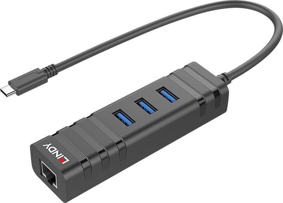 Ein schwarzer USB-C Hub mit drei USB-Anschlüssen und einem Ethernet-Anschluss. Kabel führt links heraus. Markierung 'LINOV' sichtbar.