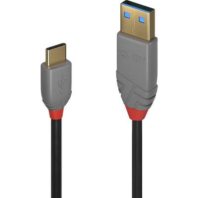 USB-C-zu-USB-A-Kabel, graue Stecker mit roten Enden, geeignet für Datenübertragung und Ladezwecke.