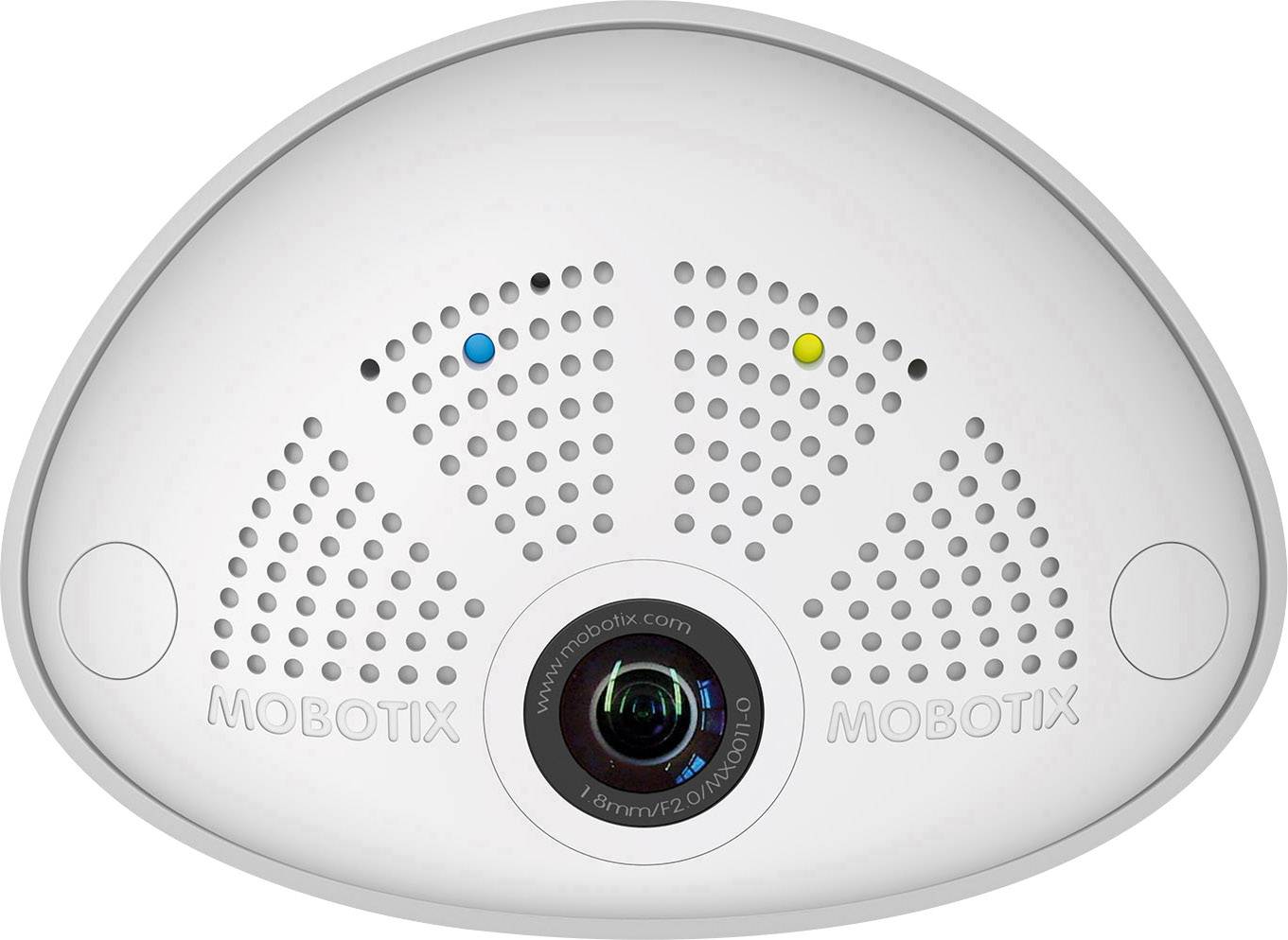 Mobotix Sicherheitskamera, halbkreisförmig, mit zwei Farbpunkten oben, großer Linse in der Mitte, zur Überwachung in Innenräumen.