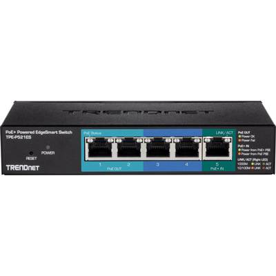 'PoE+ Powered EdgeSmart Switch TPE-P521ES' mit fünf Ethernet-Ports und Status-LEDs zur Netzwerkverwaltung.