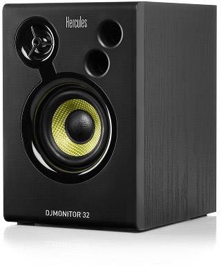 Ein schwarzer Lautsprecher mit gelbem Bass, der 'Hercules' und 'DJMonitor 32' trägt. Perfekt für Musikliebhaber oder DJs.