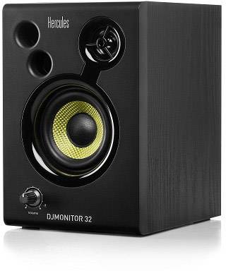 Schwarzer Lautsprecher mit gelbem, sichtbarem Tieftöner und Reglern an der Vorderseite. Markiert mit 'Hercules DJ MONITOR 32'.