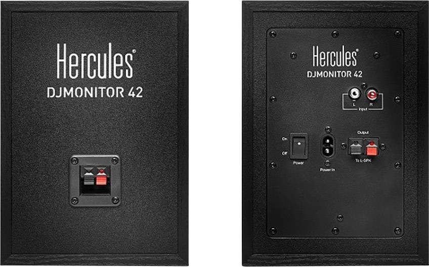 'DJMonitor 42' Lautsprecher von Hercules. Vorder- und Rückseite angezeigt; Rückseite mit Anschlüssen für Strom, RCA-Eingang und Lautstärkeregler.