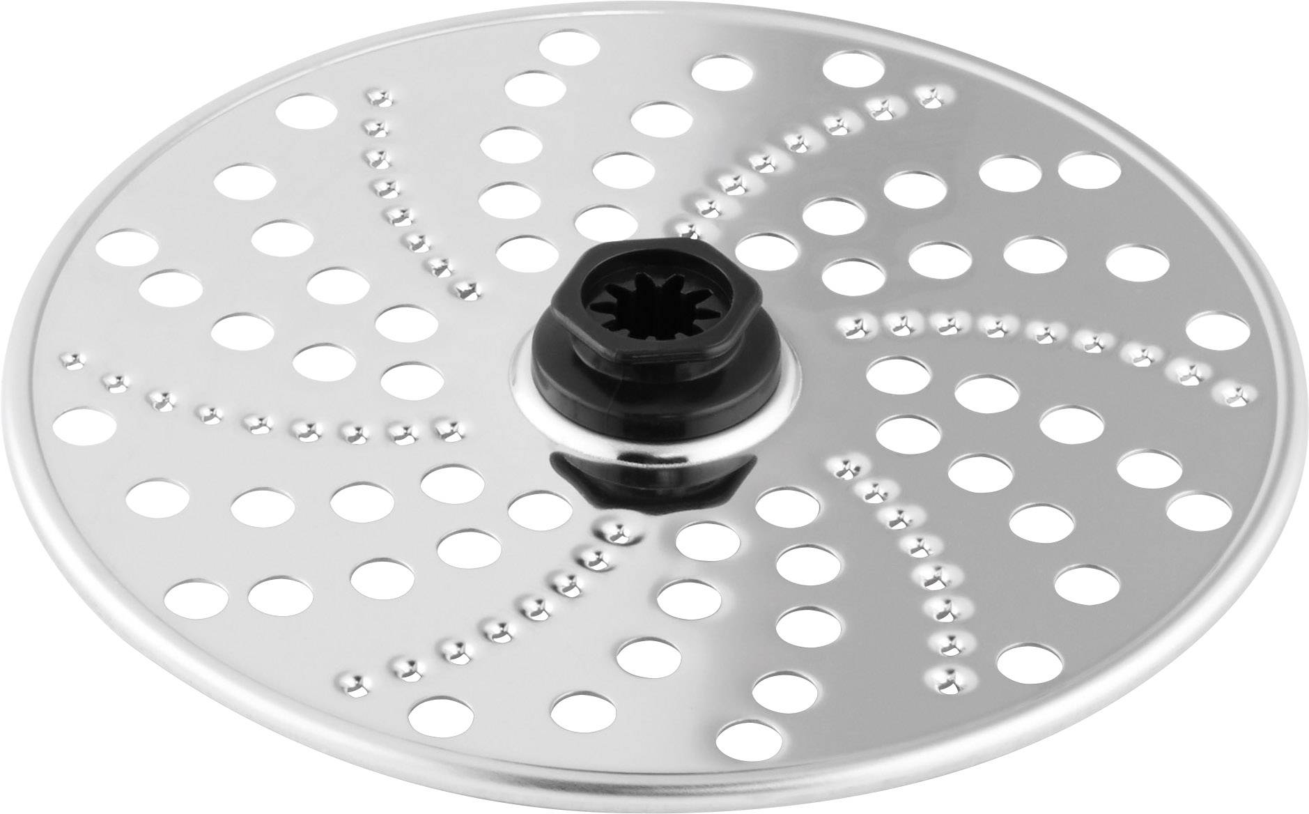 Eine runde, silberne Schneidscheibe für Küchenmaschinen, mit gleichmäßig verteilten Löchern und schwarzem Mittelmechanismus.