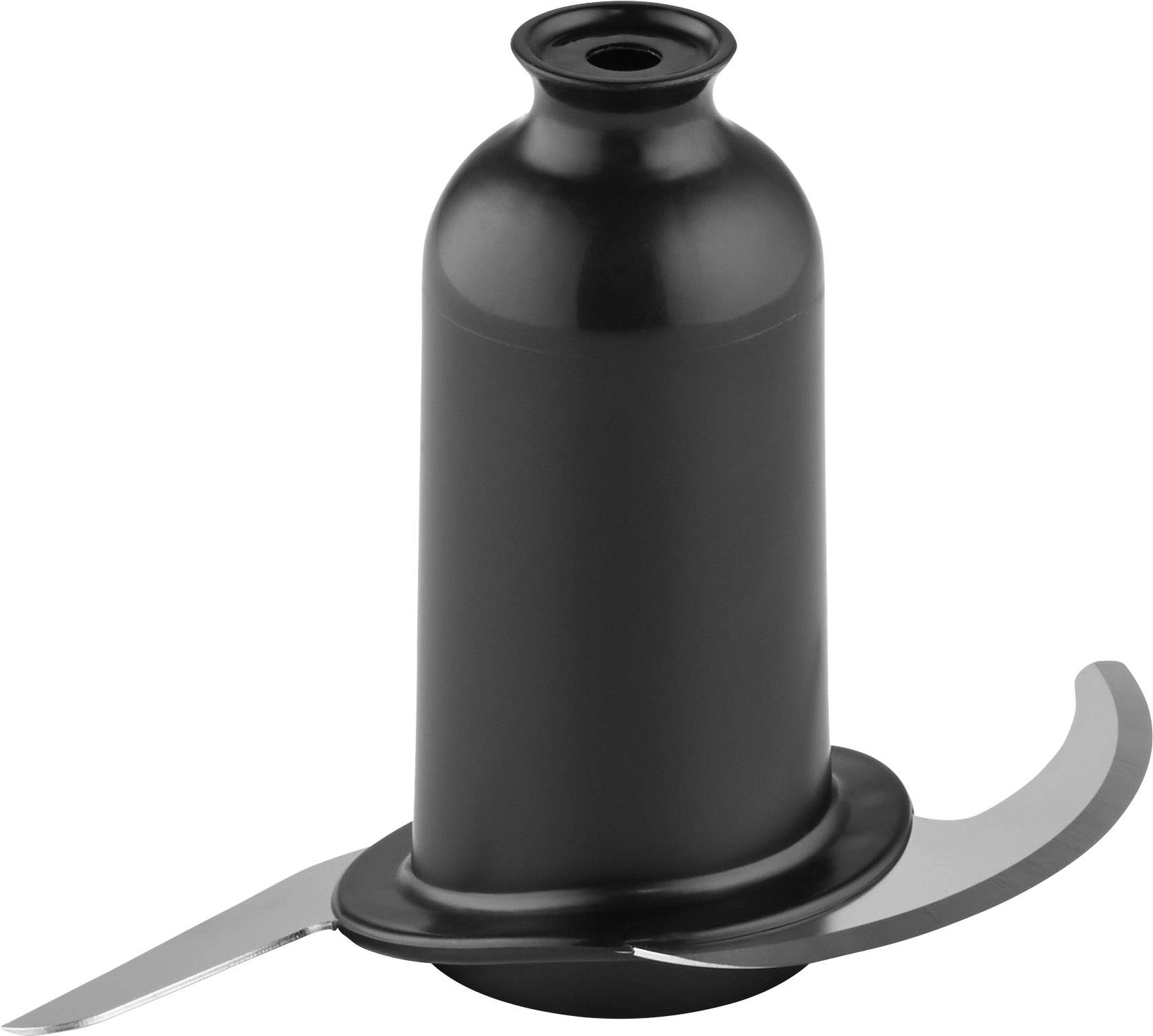 Schwarzes Klingenmodul eines Küchenmixers, bestehend aus zwei Metallklingen, die sich an einem Kunststoffaufsatz befinden.