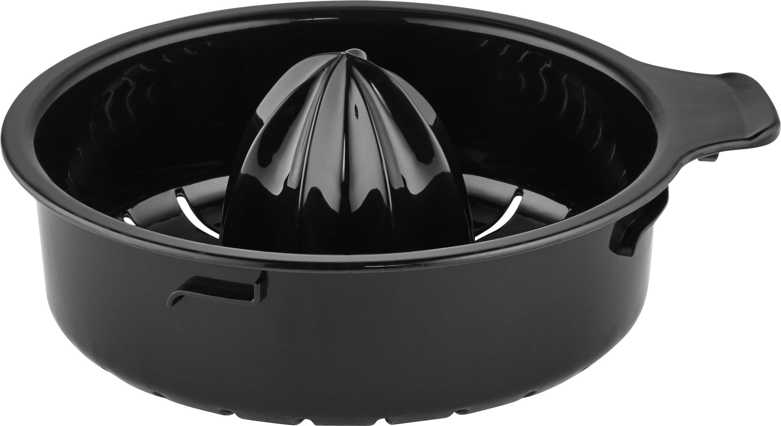 Schwarze Zitronenpresse aus Kunststoff mit Griff, geeignet zum Auspressen von Zitrusfrüchten.