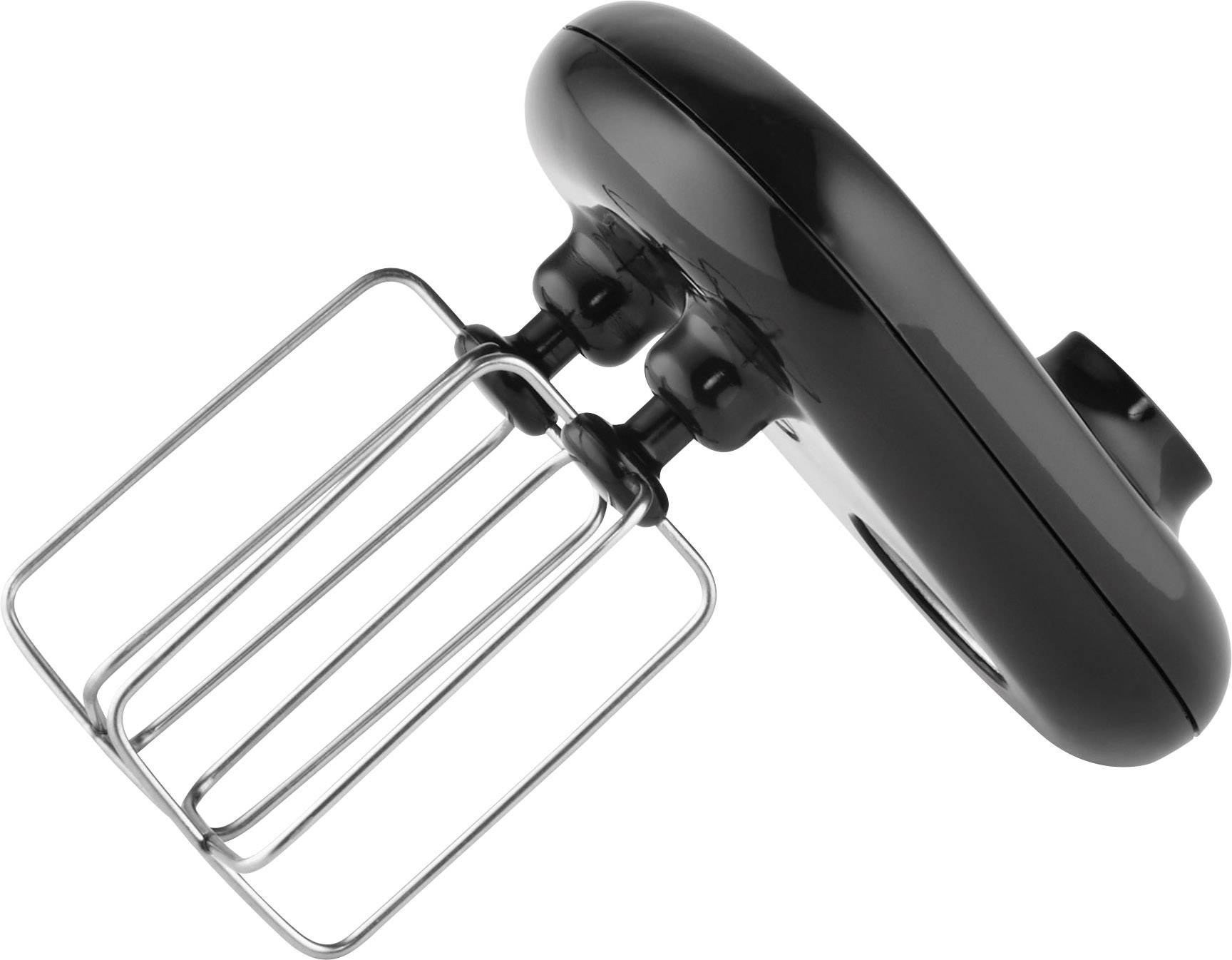 Schwarzer Handmixer mit zwei Quirlen, von oben gesehen.