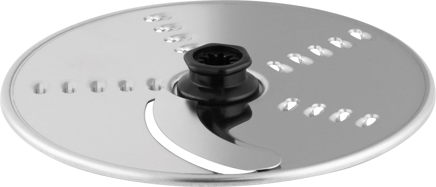 'Ein runder Metallschneideinsatz mit einem schwarzen Kunststoffdrehverschluss in der Mitte, oft in Küchengeräten verwendet.'