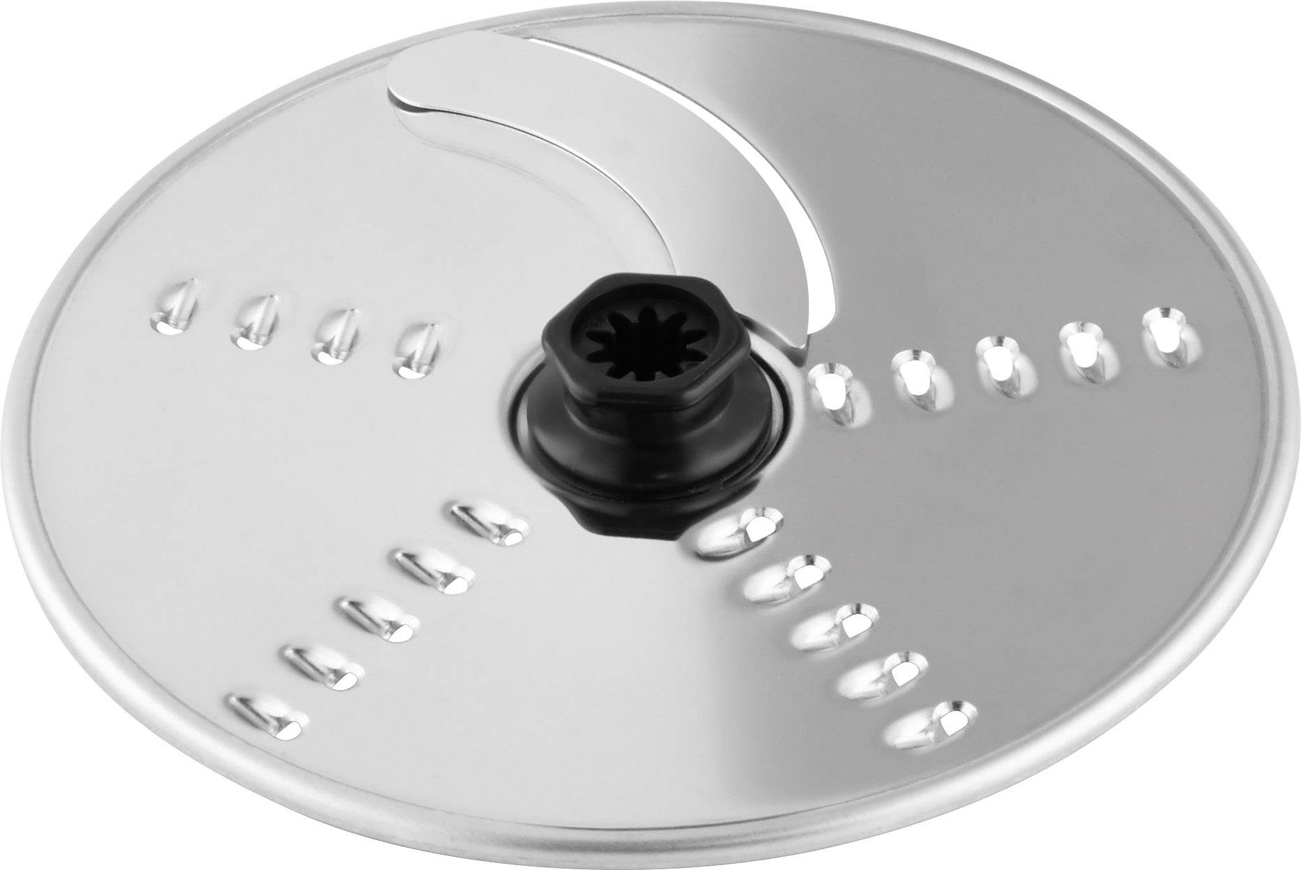Rundes Metallschneideblatt für Küchenmaschine mit geriffeltem Rand und zentralem Befestigungspunkt.