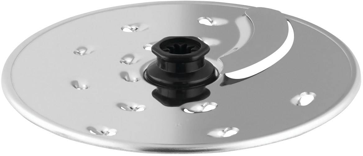 Metallscheibe mit mittigem Kunststoffaufsatz, Löchern und scharfer Kante; Teil eines Küchenwerkzeugs.