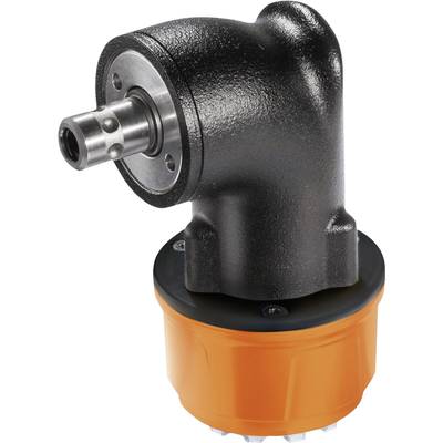 Schwarzes, rechtwinkliges Getriebe mit oranger Basis. Verwendet zur Kraftübertragung in mechanischen Systemen.