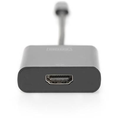 Ein schwarzer HDMI-Adapter mit einer HDMI-Buchse und einem kurzen Kabel, das in einem anderen Anschluss endet, auf weißem Hintergrund.