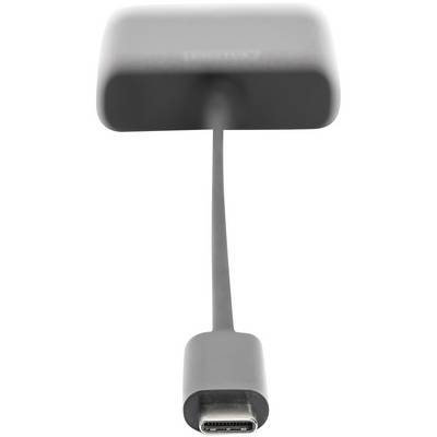 Ein schwarzer USB-C-Adapter mit einem kurzen Kabel verbunden, Vorderansicht.