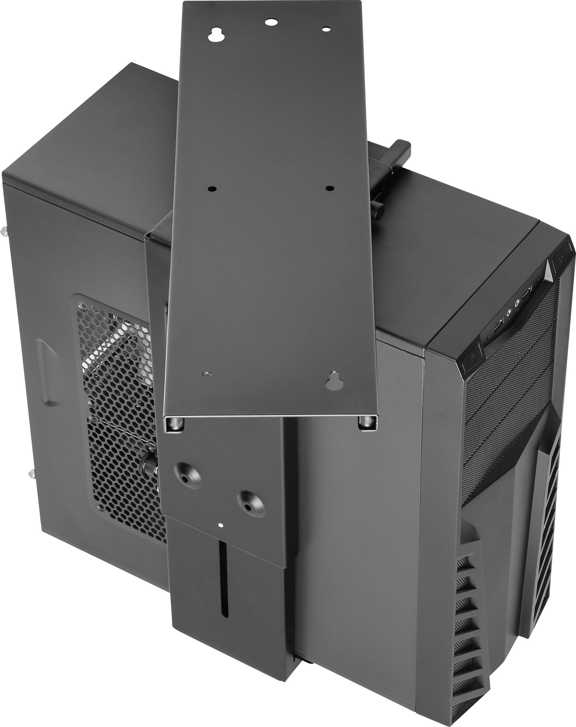 Ein schwarzer Computer mit abnehmbarer Halterung für die Wandmontage. Das Gehäuse hat Lüftungsschlitze und einen durchsichtigen Bereich.