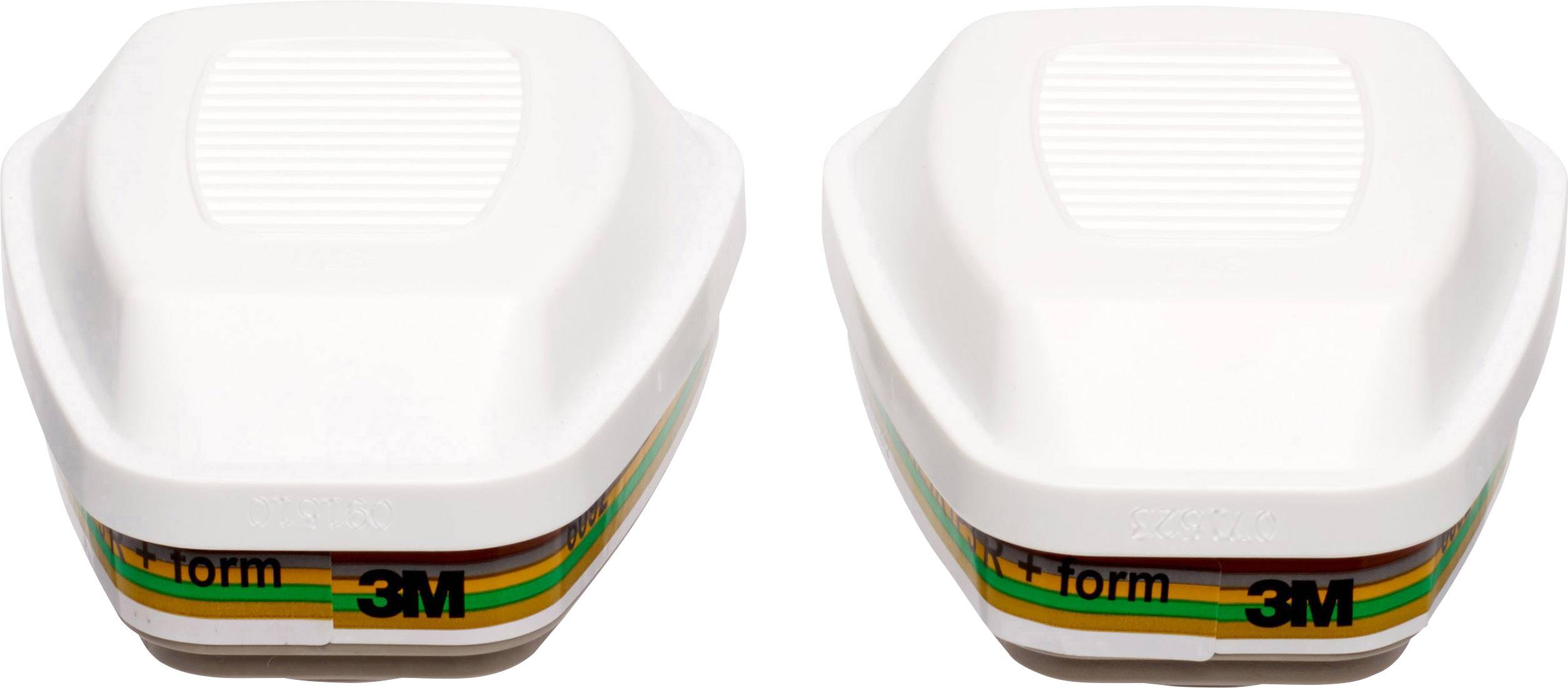 Zwei weiße Filterkartuschen für Atemschutzmasken der Marke 3M. Sie haben farbige Markierungen für unterschiedliche Einsatzbereiche.