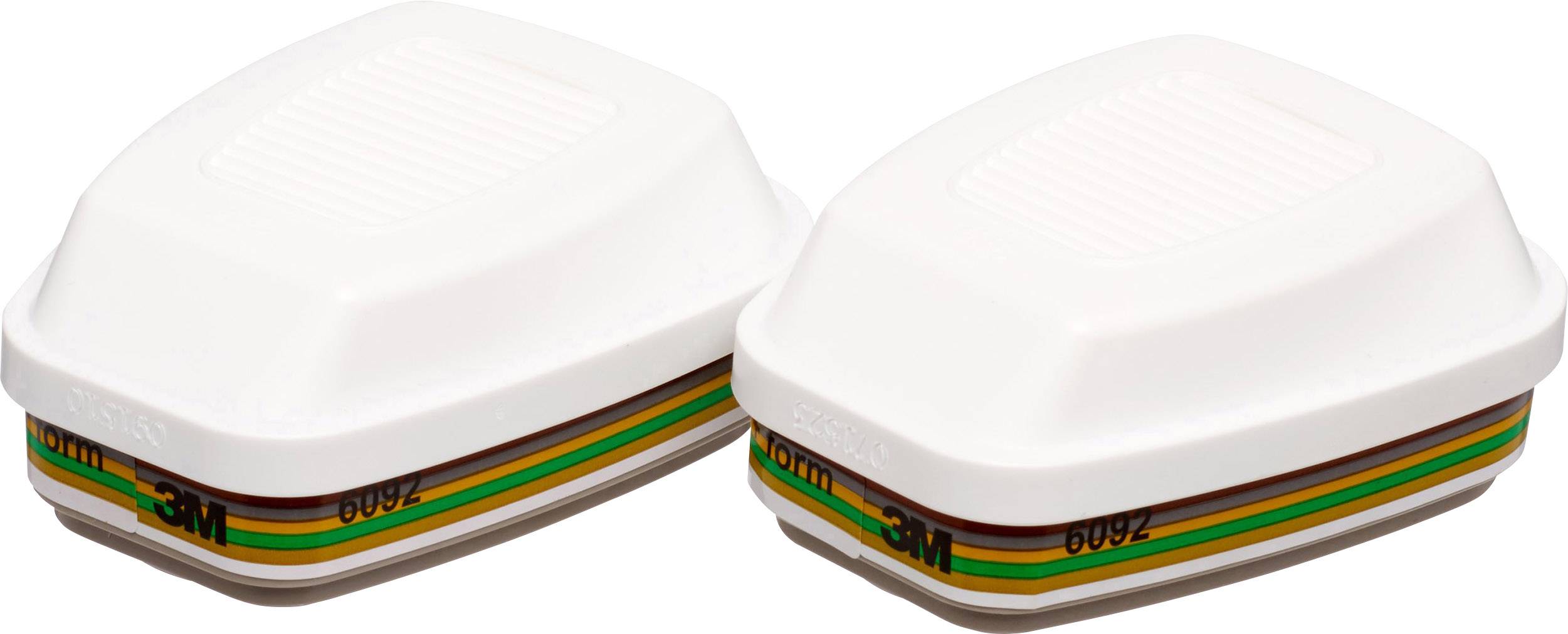 Zwei weiße Filterkartuschen von der Marke '3M', Halbmasken-Kompatibilität. Geeignet für Schutz gegen organische Dämpfe.