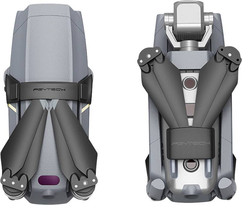 Grauer, zusammengeklappter Quadrocopter mit schwarzen Propellern, von oben und von vorne gezeigt.
