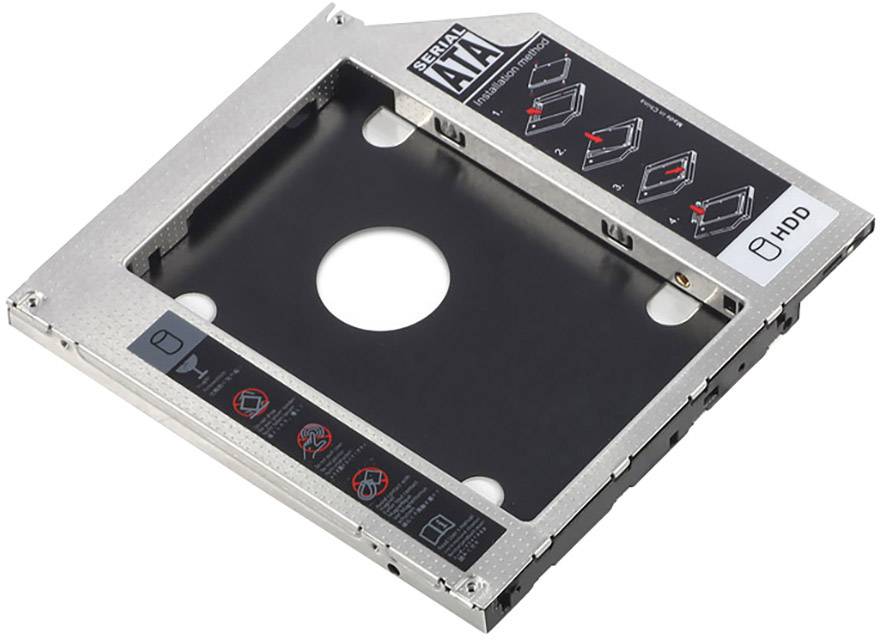 'Einbaurahmen für SATA-Festplatten' mit Schaubild zur Installation in Laptops, passend für 2,5-Zoll-Laufwerke, mit Montaganleitung.